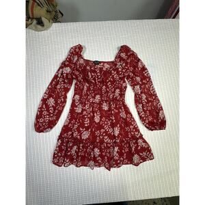 Trixxi Red Floral Mini Dress Womens L Cottagecore Boho Coquette Ruffle Romantic